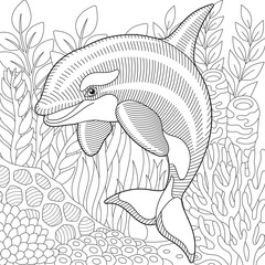 Dolphin coloring page. Outline sea design in mandala and zentangle style