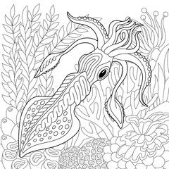 Squid coloring page. Outline sea design in mandala and zentangle style