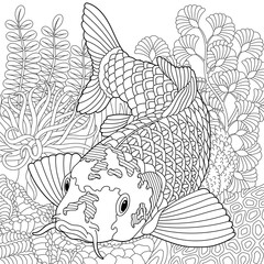Koi fish coloring page. Outline sea design in mandala and zentangle style