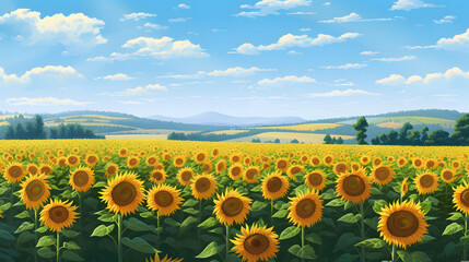 Obraz premium 青空に輝くひまわり畑 No.022 | Sunflower Field Glowing Under the Blue Sky Generative AI