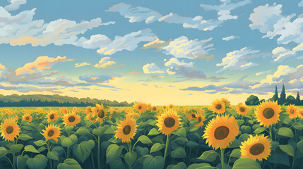Obraz premium 青空に輝くひまわり畑 No.027 | Sunflower Field Glowing Under the Blue Sky Generative AI