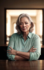 Fototapeta premium beautiful middle aged old lady woman at house with fresh green plant in background, generative AI