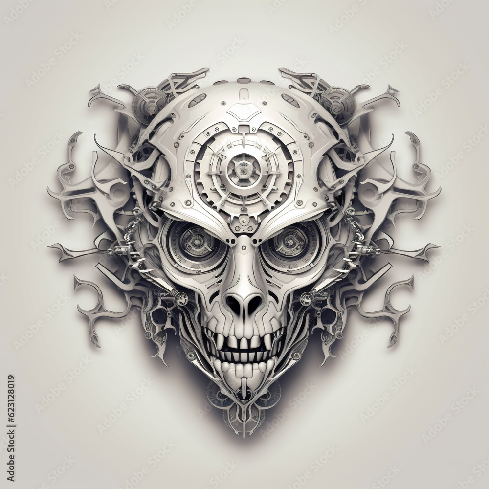 Poster a drawing of a skull with a clock on it's face. generative ai. mechanical creature.
