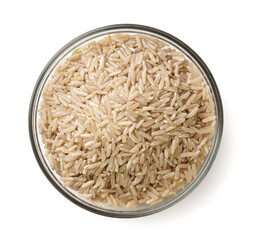 Rice in a glass plate close-up on a white. Top view