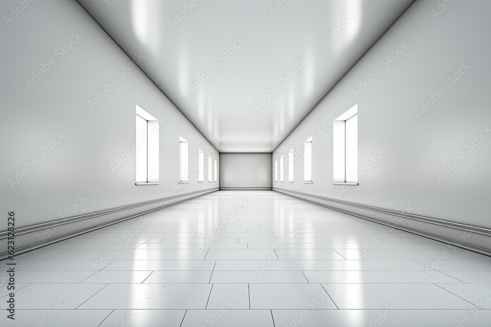 Poster a long empty room with windows and a tiled floor. generative ai.