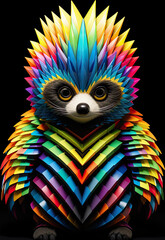 A painting of a raccoon wearing a colorful outfit. Generative AI.