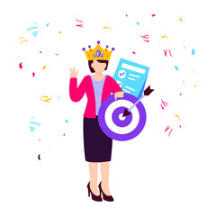 Woman Celebrating Success after Hitting Target concept vector icon design, Awards and incentives symbol, Employee benefits and engagement sign, Recognition and Appreciation scene stock illustration