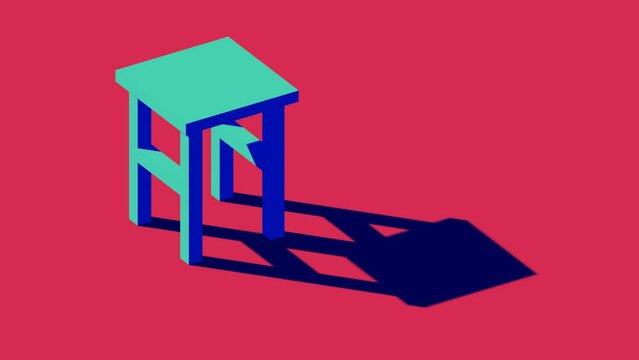 Lonely cyan stools on red floor with moving shadow in hard light, video with smooth loop