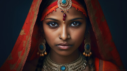 Attractive Serious Indian lady adorned with stunning jewelry, embracing her heritage. AI generated