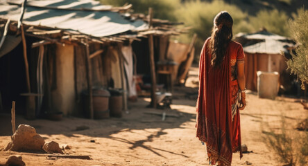 Obraz premium An Indian woman in a settlement, rear view. AI generated