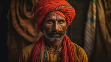 Obraz premium Handsome Indian man's close-up portrait, showcasing the cultural elegance and charm of his traditional attire. AI generated