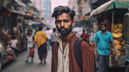 Obraz premium portrait of a young Indian man with a confident gaze, embodying the grace and richness of his cultural heritage. AI generated