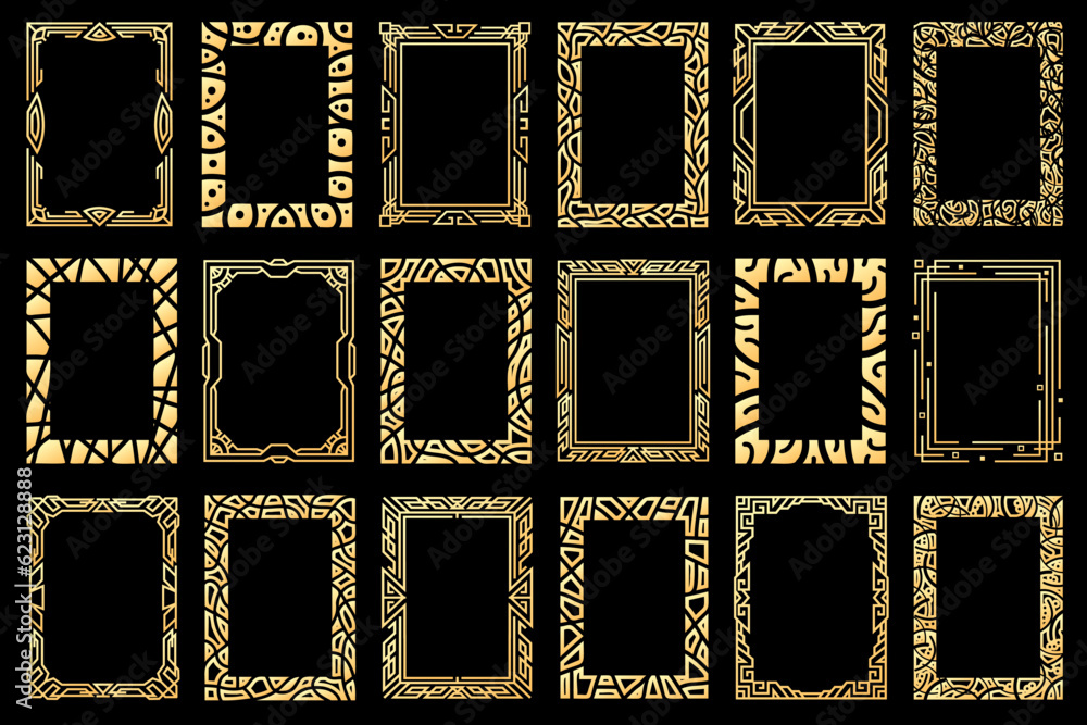 Poster abstract rectangle frames. collection of vertical rectangular golden frames. shining empty borders, 