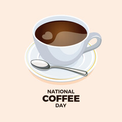 National Coffee Day vector illustration. Black coffee in a white cup with a saucer and a spoon vector. September 29. Important day