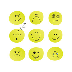 Set of yellow drawn by hand emotion icons. Mini collection for your project.