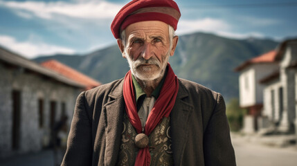 An esteemed Albanian senior man radiating wisdom and strength, a symbol of the rich heritage and resilience of his Albanian roots. AI generated