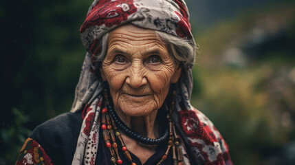 A dignified Albanian woman of age, surrounded by mountains, reflecting the strength and timeless beauty of Albania's natural landscapes. AI generated - obrazy, fototapety, plakaty