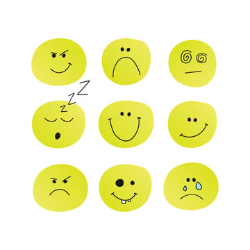 Set of yellow drawn by hand emotion icons. Mini collection for your project.