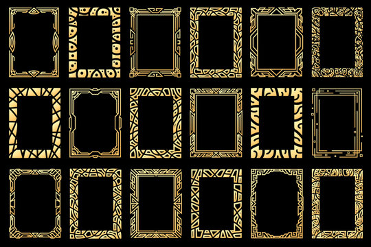 Abstract rectangle frames. Collection of vertical rectangular golden frames. Shining empty borders, copy space for your texts and images.