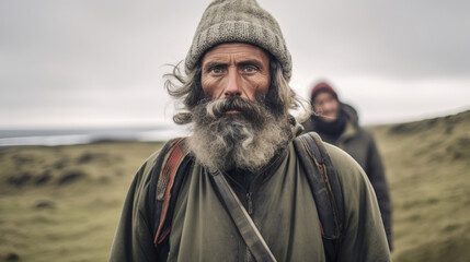 A rugged Icelandic man in harmony with the untamed wilderness, symbolizing the resilience and strength inherent in the Icelandic culture. AI generated
