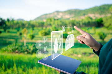 Digital Farming: Farmer Managing Smart Agriculture with Virtual Screen on Tablet
