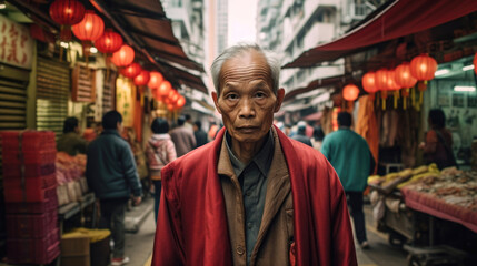Obraz na płótnie Canvas A venerable Hong Kong senior man, symbolizing the wisdom and resilience acquired through a lifetime in the bustling city. AI generated