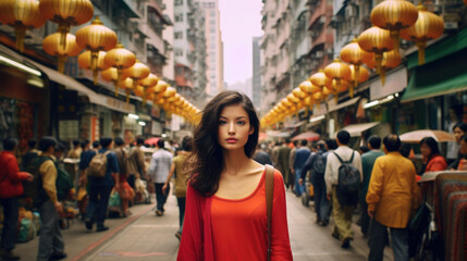 Obraz premium A stylish Hong Kong woman with a captivating presence, embodying the cosmopolitan energy and modernity of the city streets. AI generated