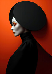 Fashion image of elegant young woman wearing stylish black clothes on orange background. Generative AI