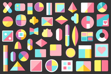 y2k colored varied abstract geometric shapes set. All shapes are vector, each grouped and isolated on a dark background