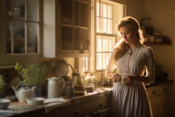 a woman in a long lace dress in a kitchen with a window. Generative ai