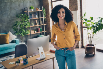 Photo of positive cheerful lady recruiter wear shirt inviting you coming office indoors workplace workstation
