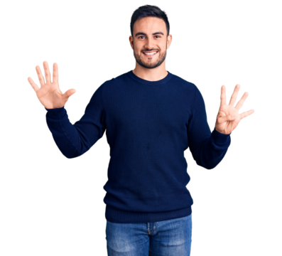 Young handsome man wearing casual clothes showing and pointing up with fingers number nine while smiling confident and happy.
