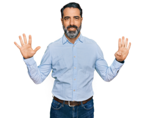 Middle aged man with beard wearing business shirt showing and pointing up with fingers number nine while smiling confident and happy.