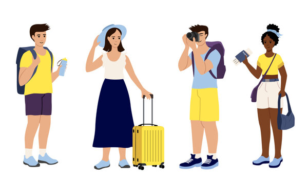 
Vector set of tourists with backpacks, suitcase, bags, camera on a white background. The concept of tourism, hike, travel, photographing.