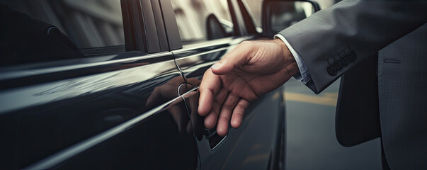 Fototapeta na wymiar Detail or close up of man hand opening a car door handle. backlight photo.