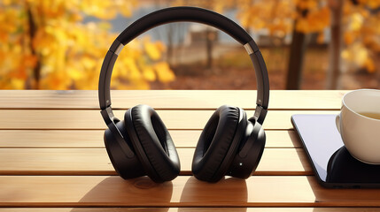 Obraz na płótnie Canvas Black music headphone with laptop computer on wooden table. Generative Ai