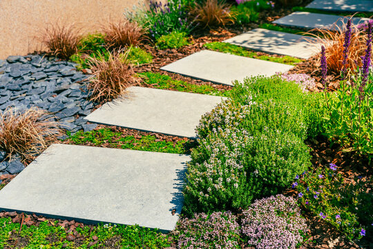 Detail of  garden path with stone slabs with bark mulch and native plants. Landscaping and gardening concept.