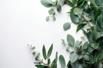 Composition of top view eucalyptus leaves on white background