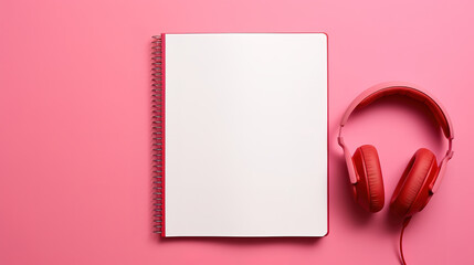Flat lay of red notebook covered with headphones on pink background decorated. Generative Ai