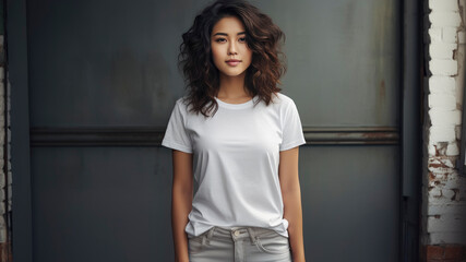 Plain white t-shirt mockup design. Portrait of young asian woman on urban background. Front view.