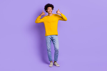 Fototapeta na wymiar Full body size photo of young optimistic student guy funny chevelure thumbs up recommend symbol isolated on violet color background