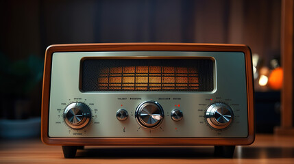 Fototapeta premium Retro vintage radio, Music nostalgia with old 60s style song player. Generative Ai
