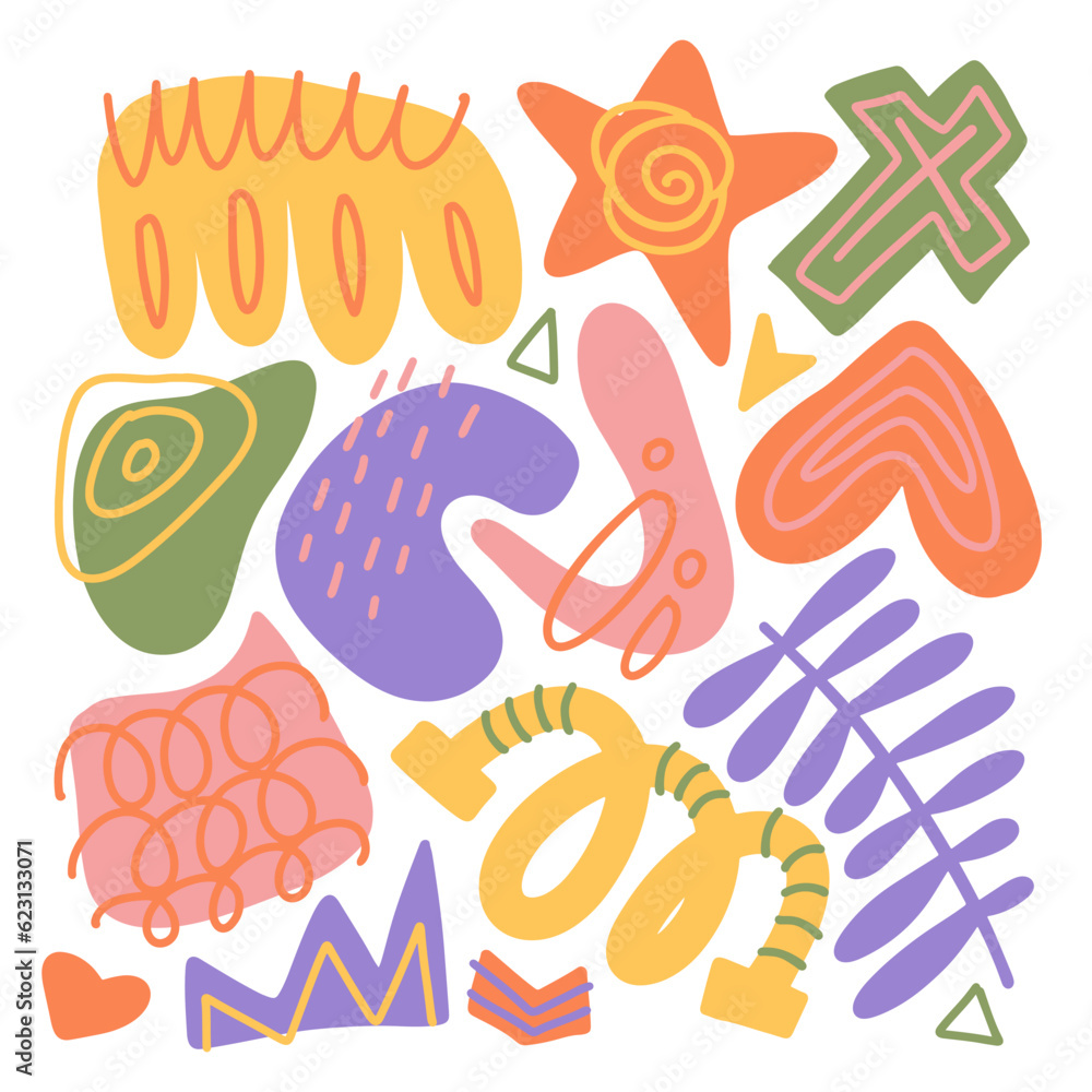 Poster organic abstract shapes set with linear texture. hand draw doodle design elements in pastel colors. 