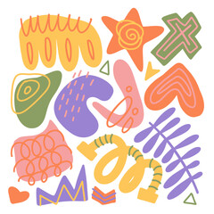 Organic abstract shapes set with linear texture. Hand draw doodle design elements in pastel colors. Minimal stylish cover template. Art form for social media stories, , banner. Vector illustration.