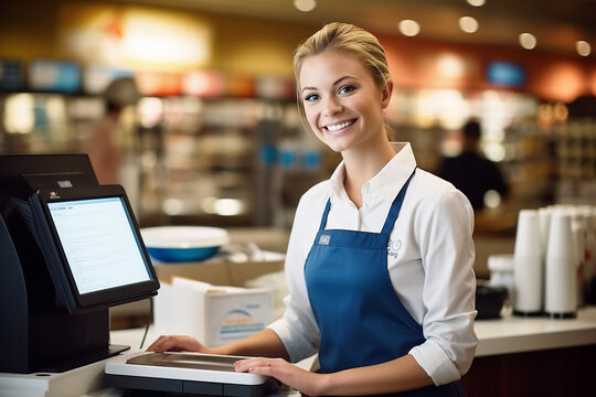 Smiling, young and attractive saleswoman, cashier serving customers. AI generativ.