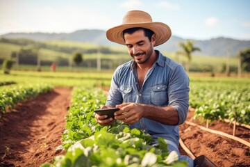 Fototapeta premium Modern farmer - rural worker - using tech to improve production Illustration created with generative ai