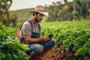 Naklejka na ściany i meble Modern farmer - rural worker - using tech to improve production Illustration created with generative ai