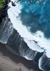 Black sand near blue clear water beach, travel destination aerial view, wallpaper. Generative Ai.