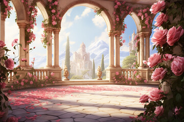 illustration fantasy background wallpaper of beautiful rose flower at ancient palace garden yard - obrazy, fototapety, plakaty