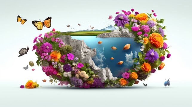 Earth with blooming flowers photo realistic illustration - Generative AI.